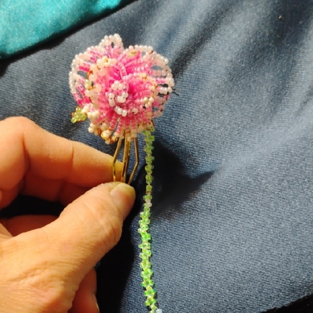 Pink Beaded Flower Hair Clip With Long Green Trailing Vine On Gold Hair Pin